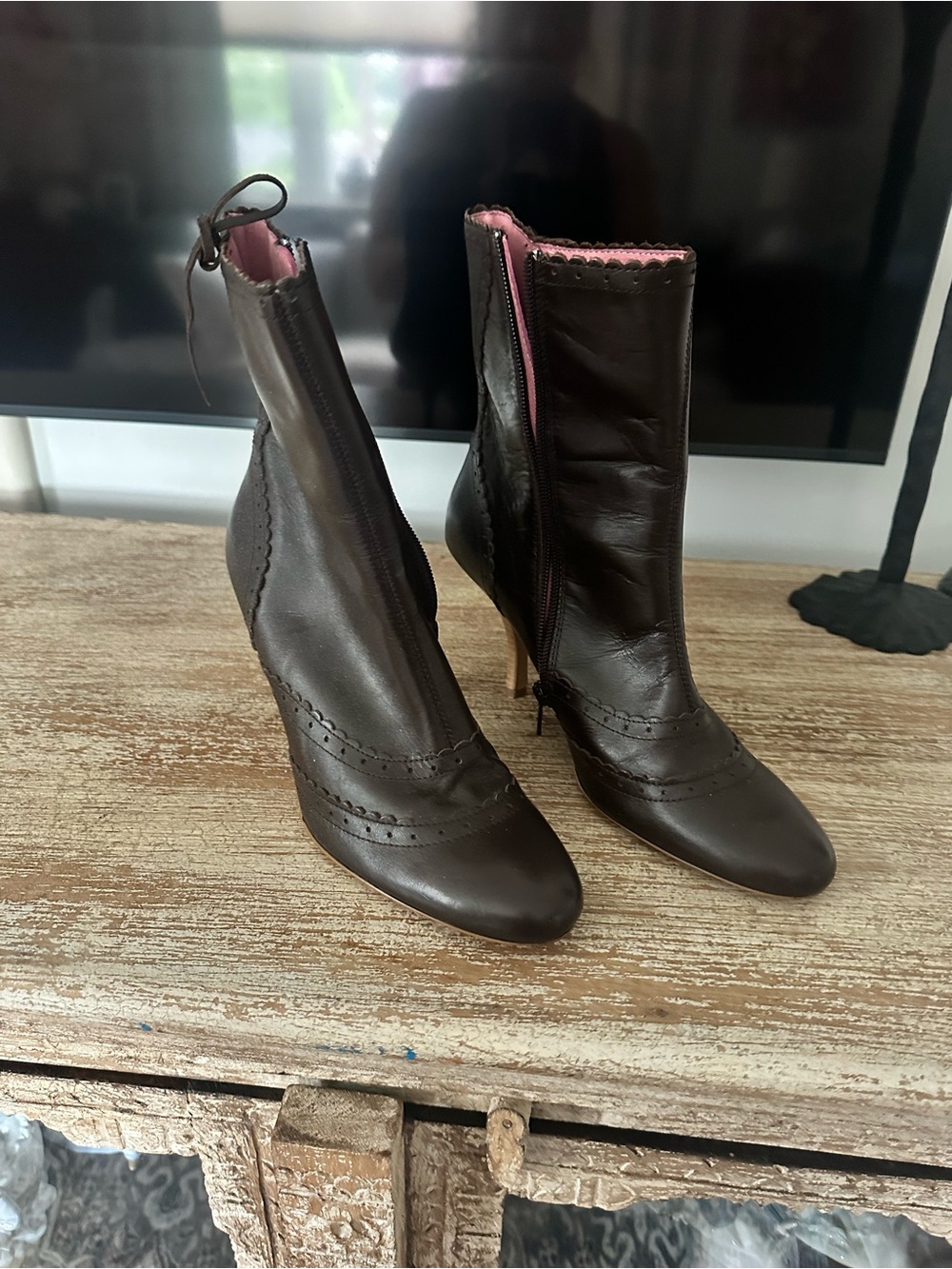 Women’s Dark Brown Leather Ankle Boots with Pink Trim